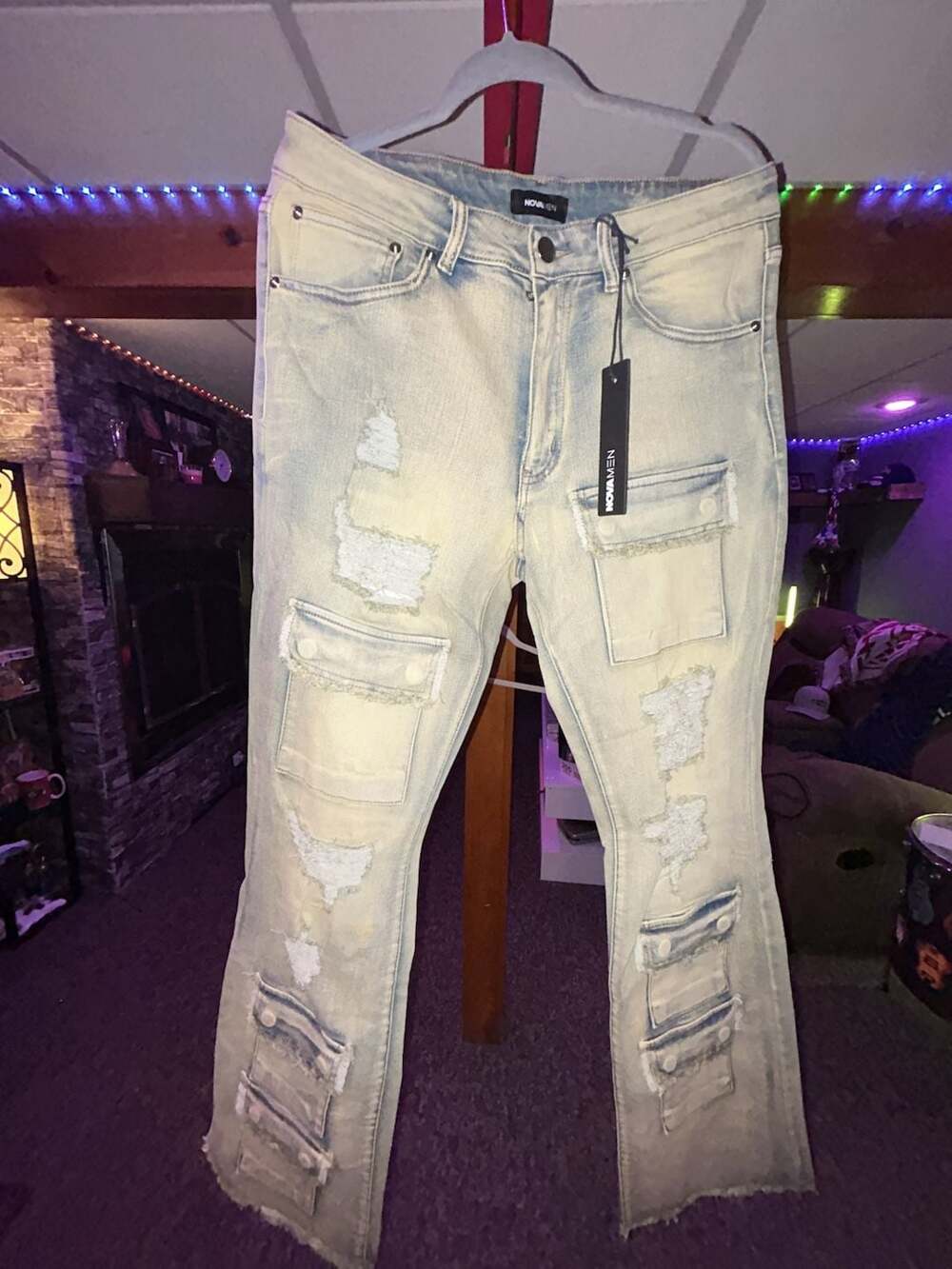 Nova Men Get Started Cargo Stacked Skinny Flare Jeans Size 32 Medium Wash